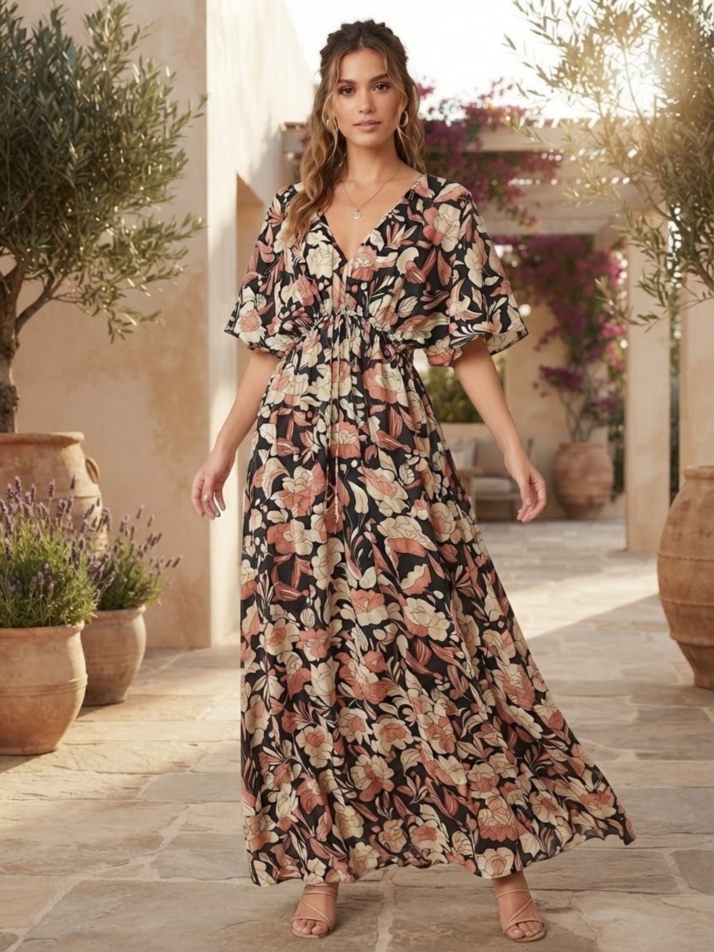 World Market Black Maxi Dress with Peach and Cream Floral Print